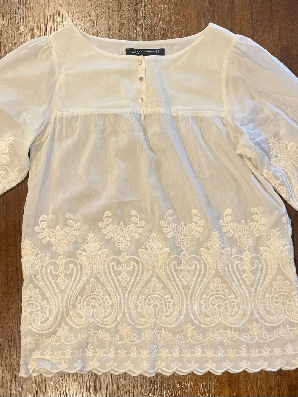 Zara White Embroidered Cotton Peasant Top